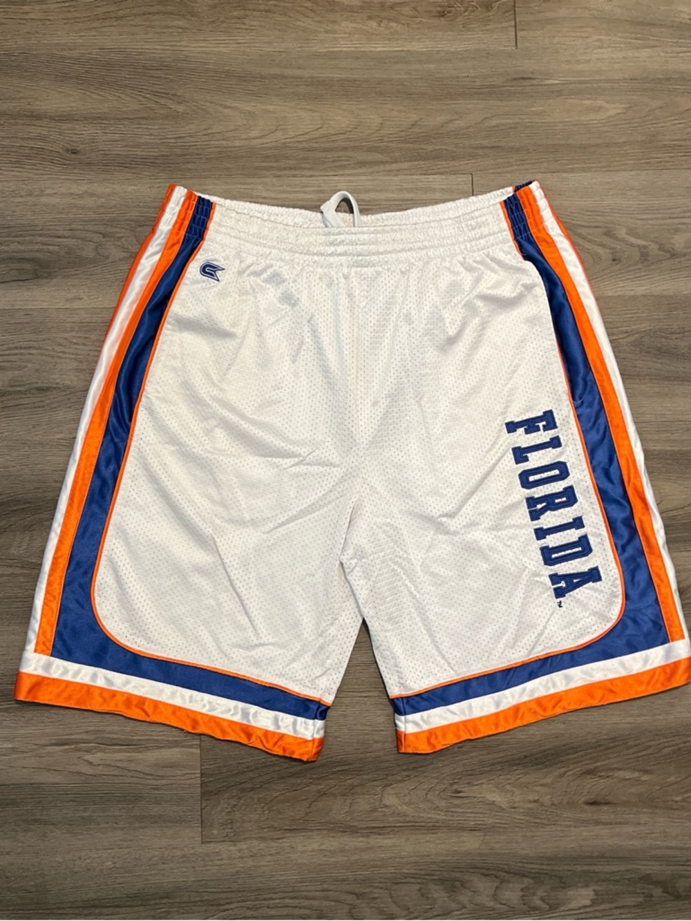 Men’s White Athletic Shorts with Blue & Orange Side Panels